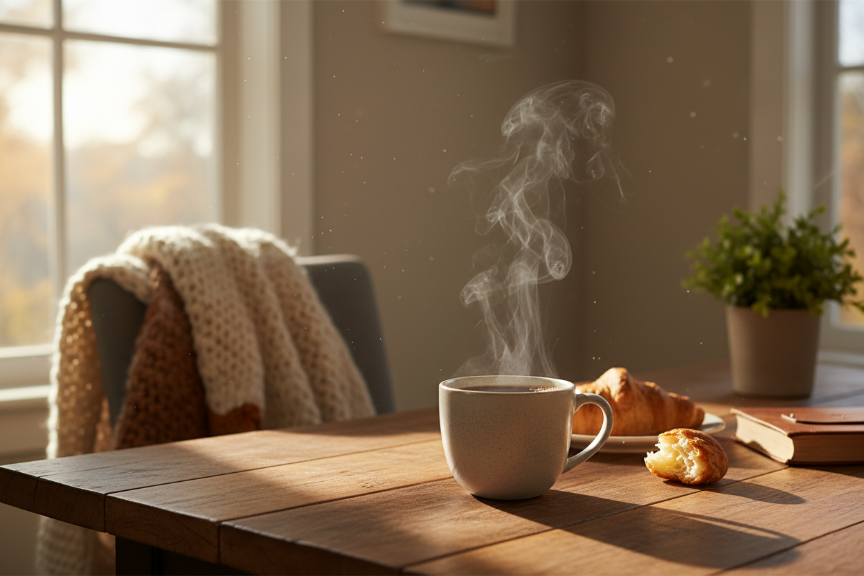 Steaming cup of coffee on the dining room table